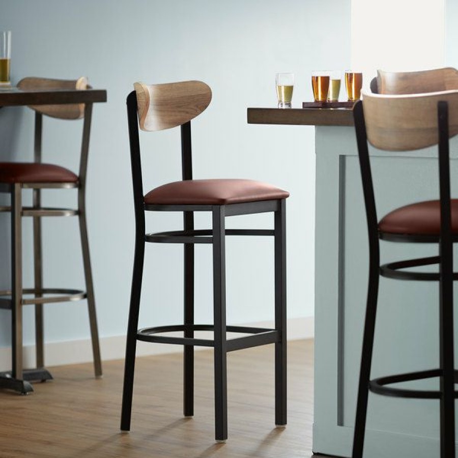 Restaurant Bar Stools * | Wholesale Lt&S Boomerang Series Lancaster Table & Seating Boomerang Bar Height Black Chair With Burgundy Vinyl Seat And Driftwood Back