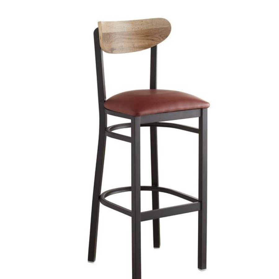 Restaurant Bar Stools * | Wholesale Lt&S Boomerang Series Lancaster Table & Seating Boomerang Bar Height Black Chair With Burgundy Vinyl Seat And Driftwood Back