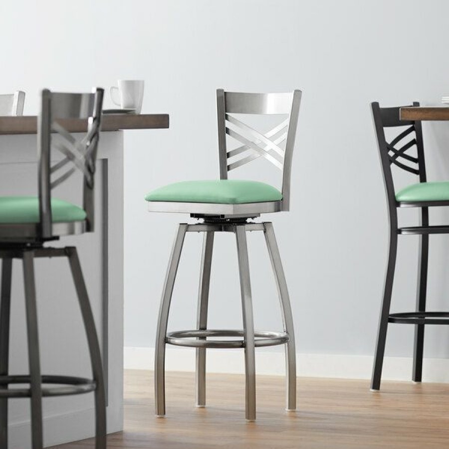 Restaurant Bar Stools * | New Lancaster Table & Seating Clear Coat Cross Back Swivel Bar Height Chair With Seafoam Padded Seat