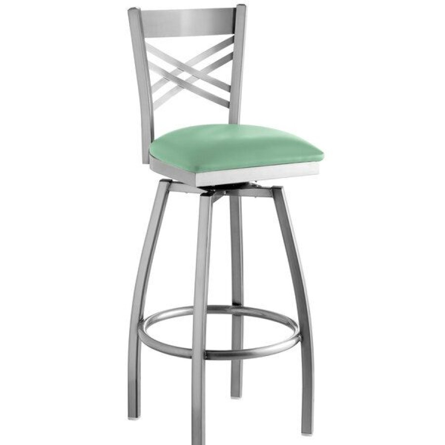 Restaurant Bar Stools * | New Lancaster Table & Seating Clear Coat Cross Back Swivel Bar Height Chair With Seafoam Padded Seat