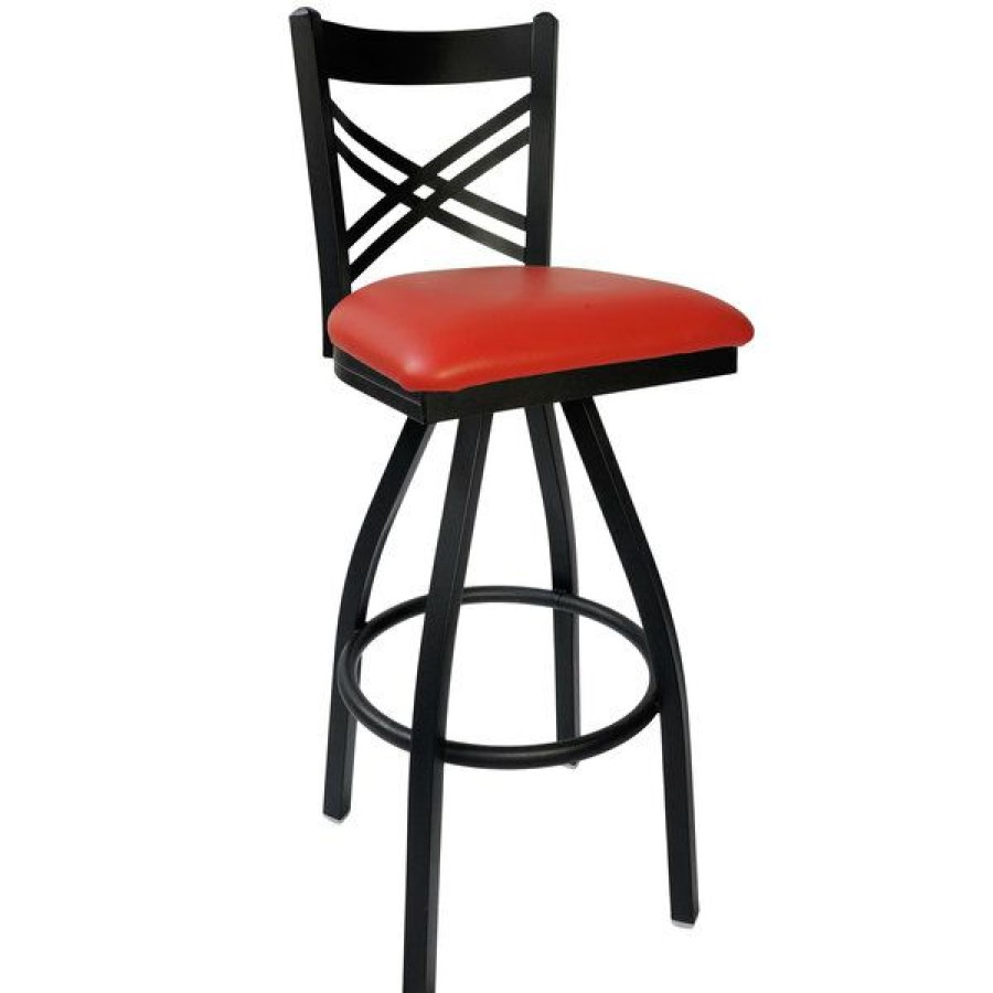 Restaurant Bar Stools * | Outlet Bfm Seating 2130Srdv-Sb Akrin Metal Barstool With 2 Red Vinyl Swivel Seat