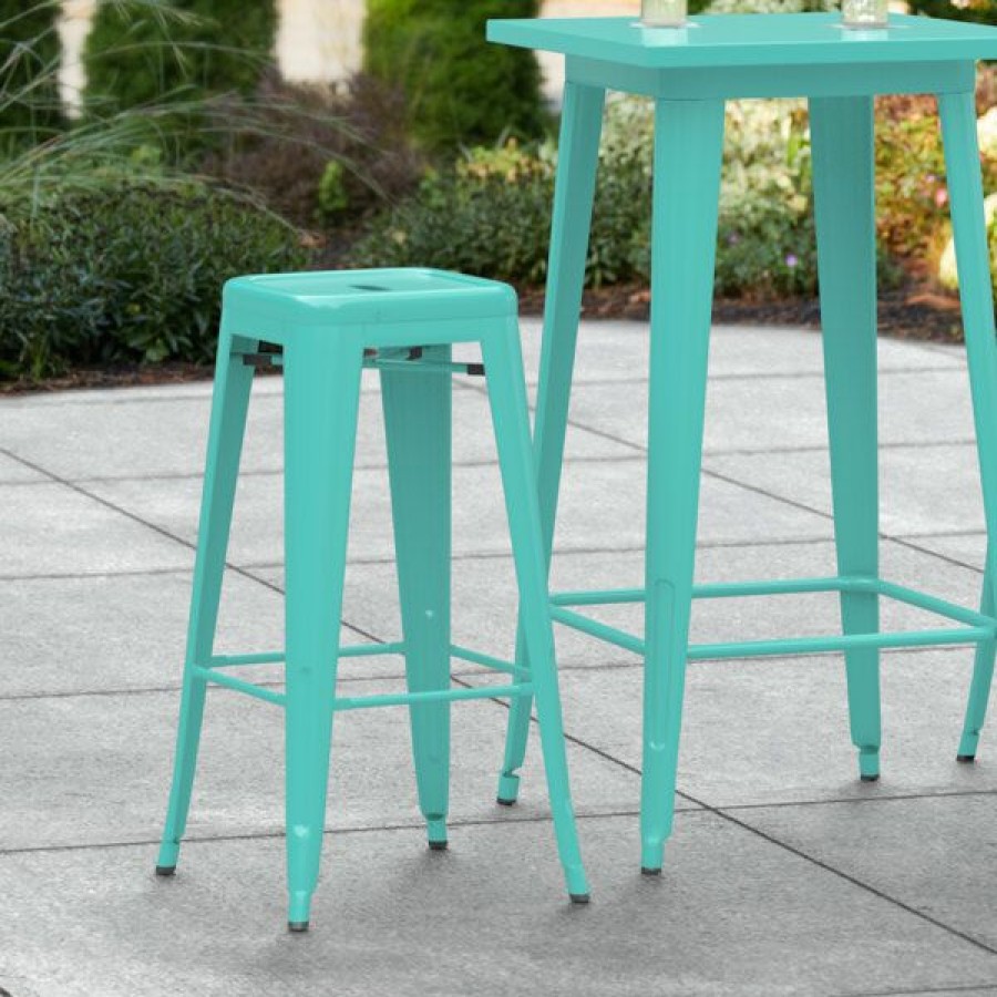 Outdoor Restaurant Bar Stools * | Buy Lt&S Alloy Series Lancaster Table & Seating Alloy Series Seafoam Stackable Metal Indoor / Outdoor Industrial Barstool With Drain Hole Seat