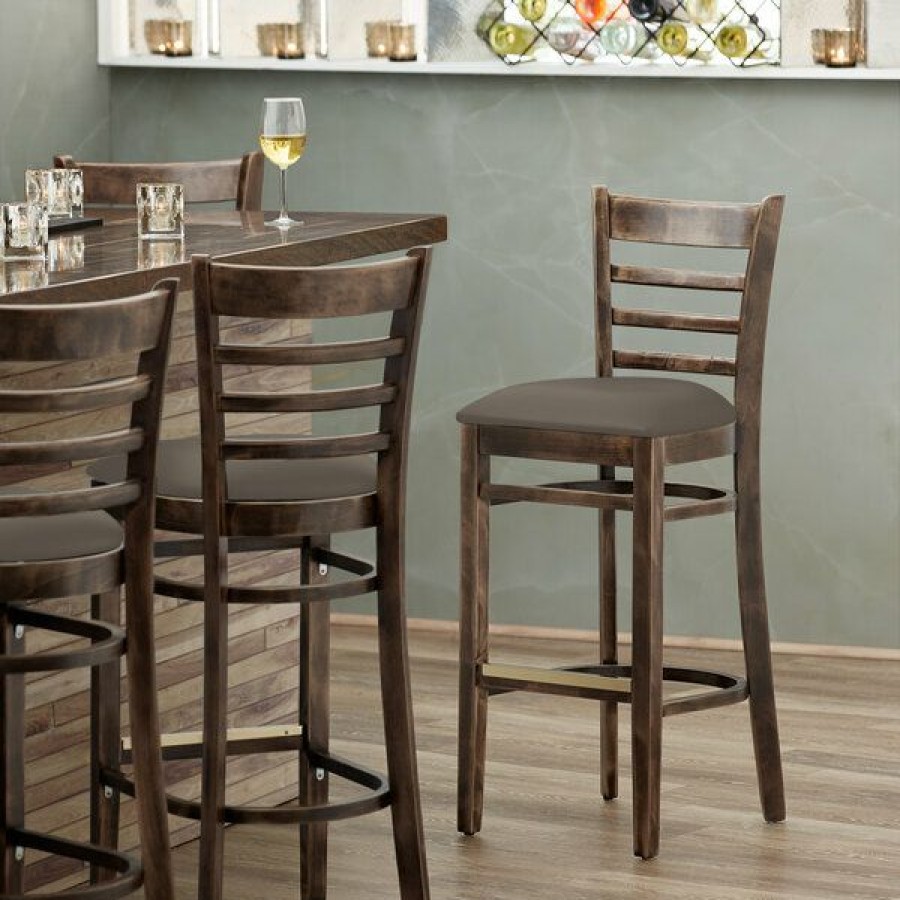 Restaurant Bar Stools * | Budget Lancaster Table & Seating Vintage Finish Wooden Ladder Back Bar Height Chair With Taupe Padded Seat