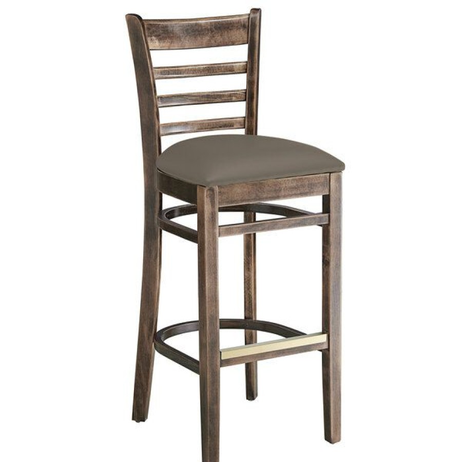 Restaurant Bar Stools * | Budget Lancaster Table & Seating Vintage Finish Wooden Ladder Back Bar Height Chair With Taupe Padded Seat