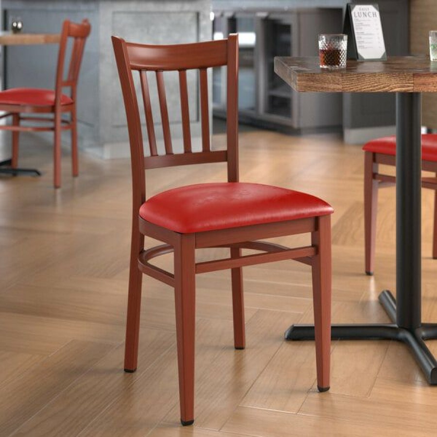 Restaurant Chairs * | Deals Lt&S Spartan Series Lancaster Table & Seating Spartan Series Metal Slat Back Chair With Mahogany Wood Grain Finish And Red Vinyl Seat