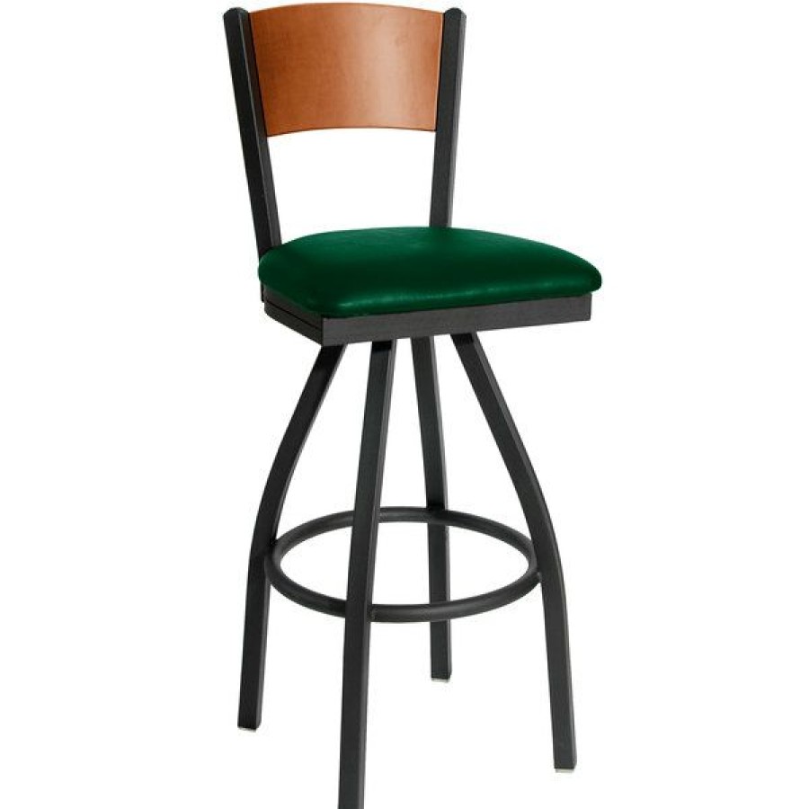 Restaurant Bar Stools * | Outlet Bfm Seating 2150Sgnv-Chsb Dale Sand Black Metal Swivel Bar Height Chair With Cherry Finish Wooden Back And 2 Green Vinyl Seat