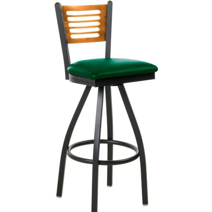 Restaurant Bar Stools * | Brand New Bfm Seating 2151Sgnv-Ntsb Espy Sand Black Metal Bar Height Chair With Natural Wooden Back And 2 Green Vinyl Swivel Seat