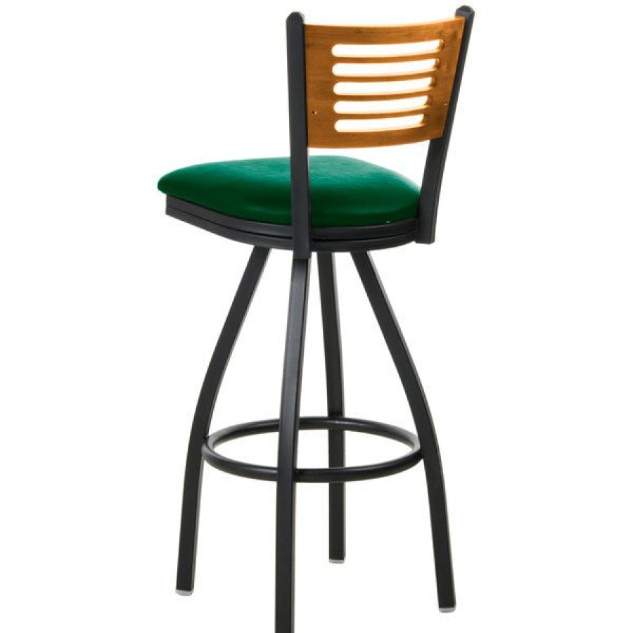 Restaurant Bar Stools * | Brand New Bfm Seating 2151Sgnv-Ntsb Espy Sand Black Metal Bar Height Chair With Natural Wooden Back And 2 Green Vinyl Swivel Seat