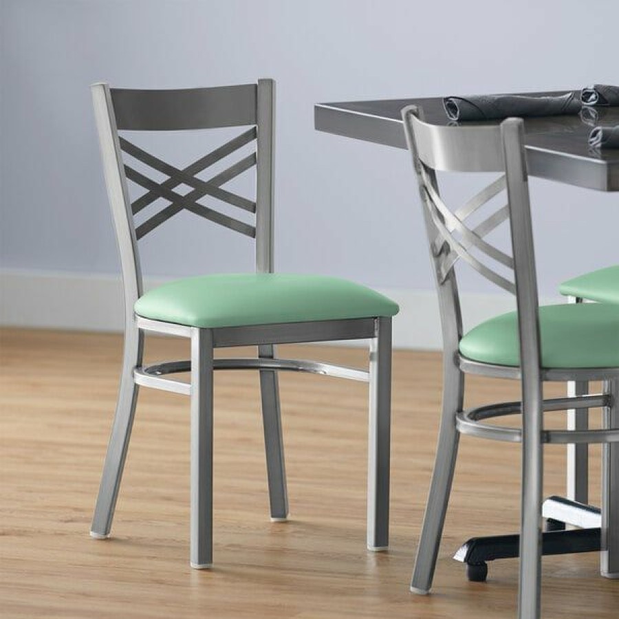 Restaurant Chairs * | Brand New Lancaster Table & Seating Clear Coat Cross Back Chair With Seafoam Padded Seat