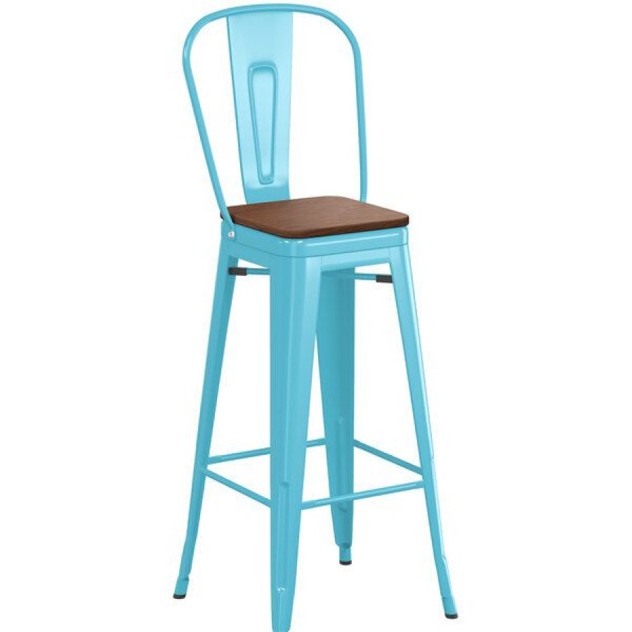 Restaurant Bar Stools * | Coupon Lt&S Alloy Series Lancaster Table & Seating Alloy Series Arctic Blue Metal Indoor Industrial Cafe Bar Height Stool With Vertical Slat Back And Walnut Wood Seat