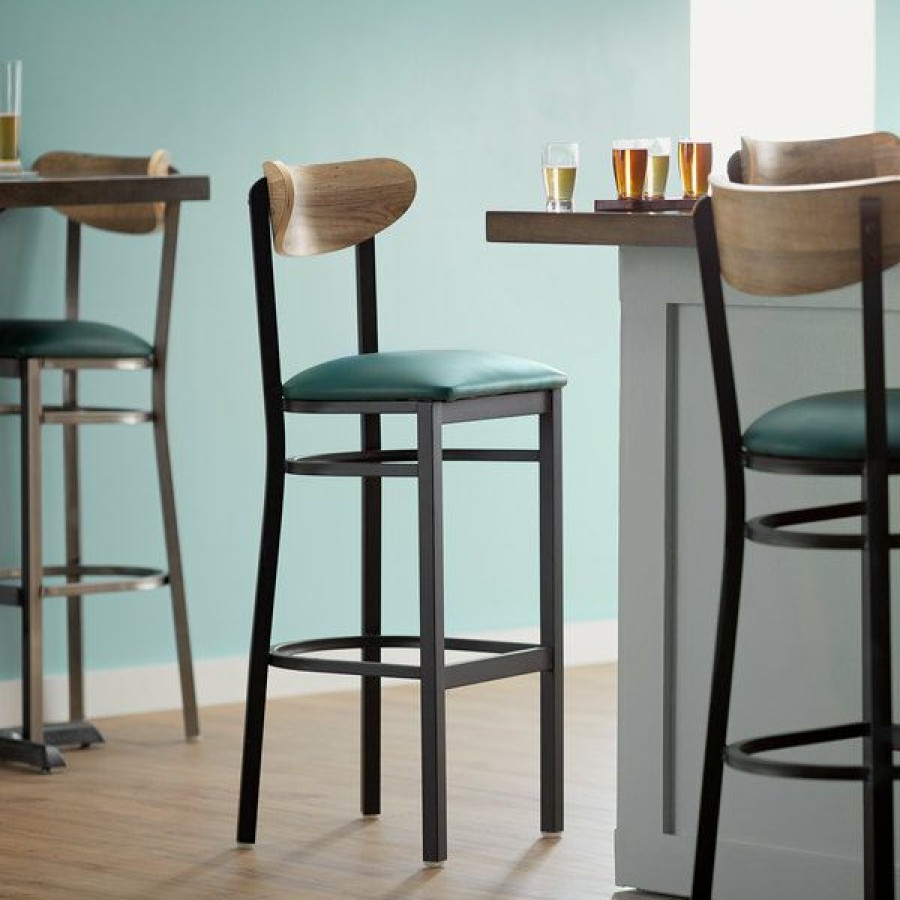 Restaurant Bar Stools * | Outlet Lt&S Boomerang Series Lancaster Table & Seating Boomerang Bar Height Black Chair With Green Vinyl Seat And Driftwood Back