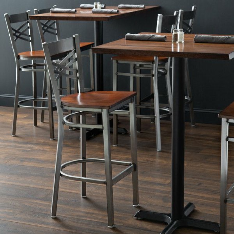 Restaurant Bar Stools * | Wholesale Lancaster Table & Seating Clear Coat Steel Cross Back Bar Height Chair With Antique Walnut Seat