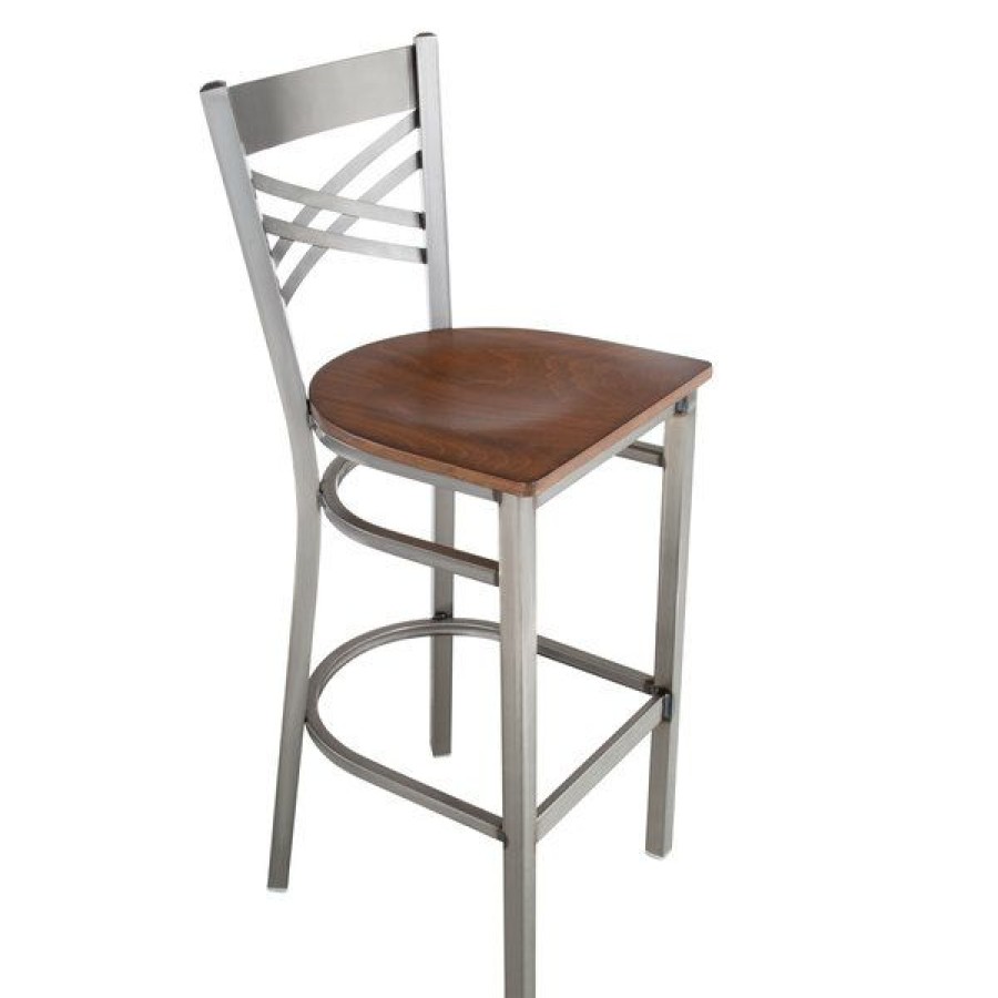 Restaurant Bar Stools * | Wholesale Lancaster Table & Seating Clear Coat Steel Cross Back Bar Height Chair With Antique Walnut Seat