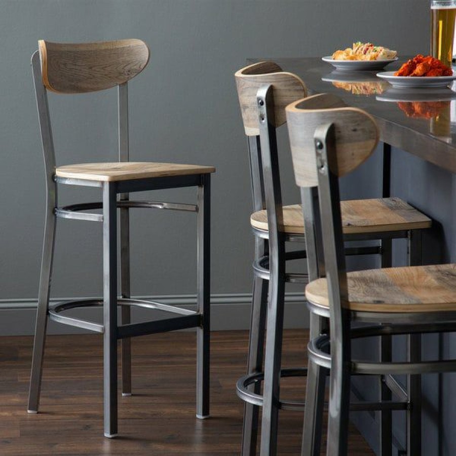 Restaurant Bar Stools * | Buy Lt&S Boomerang Series Lancaster Table & Seating Boomerang Bar Height Clear Coat Chair With Driftwood Seat And Back