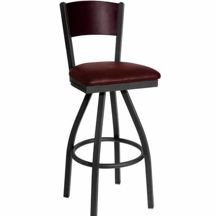 Restaurant Bar Stools * | Buy Bfm Seating 2150Sbuv-Mhsb Dale Sand Black Metal Swivel Bar Height Chair With Mahogany Finish Wooden Back And 2 Burgundy Vinyl Seat