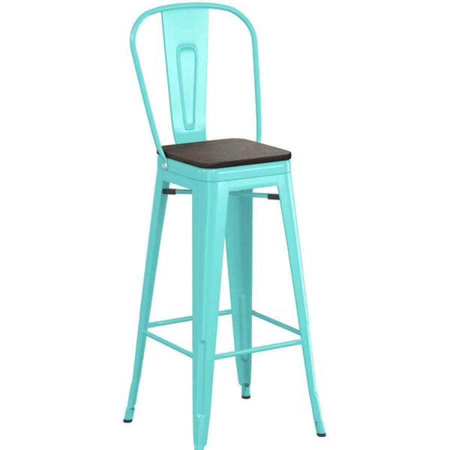 Restaurant Bar Stools * | Best Sale Lt&S Alloy Series Lancaster Table & Seating Alloy Series Seafoam Metal Indoor Industrial Cafe Bar Height Stool With Vertical Slat Back And Black Wood Seat