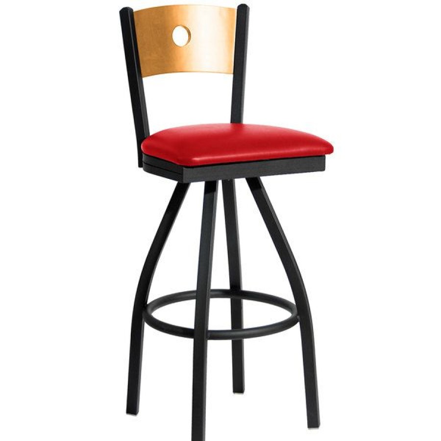 Restaurant Bar Stools * | Best Sale Bfm Seating 2152Srdv-Ntsb Darby Sand Black Metal Bar Height Chair With Natural Wooden Back And 2 Red Vinyl Swivel Seat