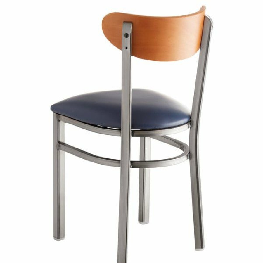 Restaurant Chairs * | Flash Sale Lt&S Boomerang Series Lancaster Table & Seating Boomerang Clear Coat Chair With Navy Vinyl Seat And Cherry Back