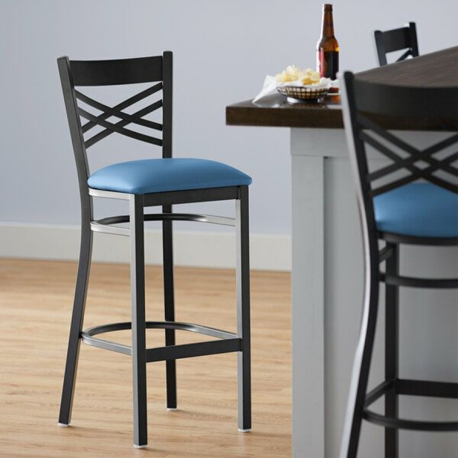 Restaurant Bar Stools * | Best Pirce Lancaster Table & Seating Black Cross Back Bar Height Chair With Blue Padded Seat