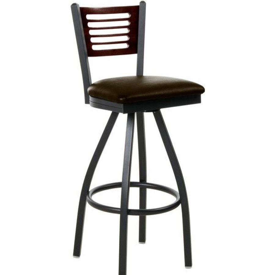 Restaurant Bar Stools * | Buy Bfm Seating 2151Sdbv-Wasb Espy Sand Black Metal Bar Height Chair With Walnut Wooden Back And 2 Dark Brown Vinyl Swivel Seat