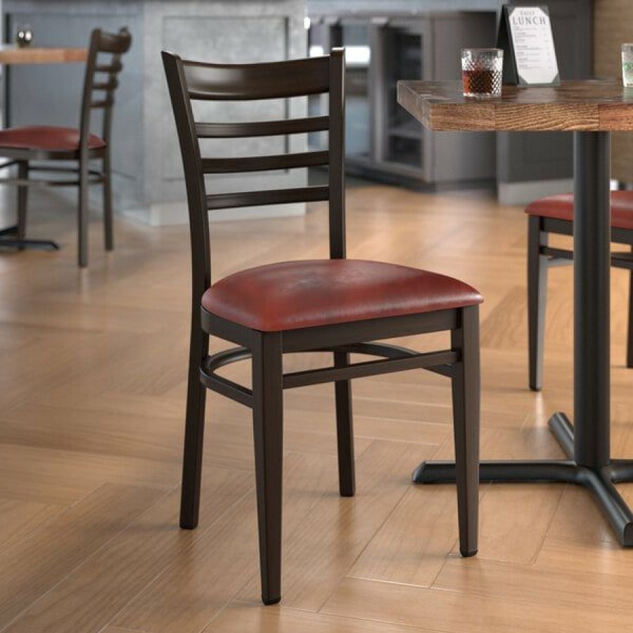 Restaurant Chairs * | Best Deal Lt&S Spartan Series Lancaster Table & Seating Spartan Series Metal Ladder Back Chair With Walnut Wood Grain Finish And Burgundy Vinyl Seat