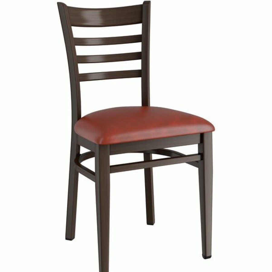 Restaurant Chairs * | Best Deal Lt&S Spartan Series Lancaster Table & Seating Spartan Series Metal Ladder Back Chair With Walnut Wood Grain Finish And Burgundy Vinyl Seat