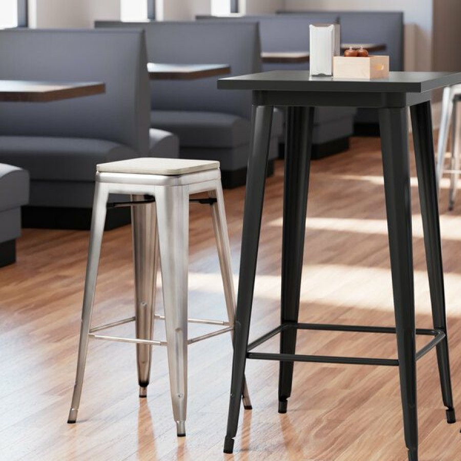 Restaurant Bar Stools * | Coupon Lt&S Alloy Series Lancaster Table & Seating Alloy Series Clear Coated Stackable Metal Indoor Industrial Barstool With Gray Wood Seat