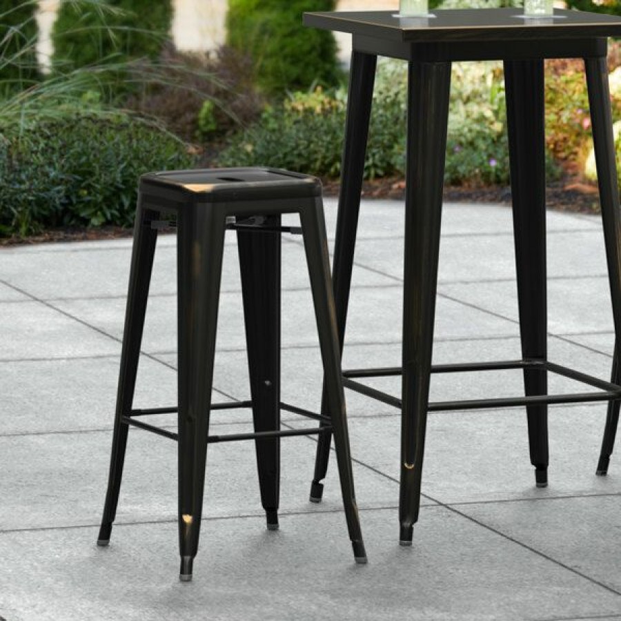 Outdoor Restaurant Bar Stools * | Top 10 Lt&S Alloy Series Lancaster Table & Seating Alloy Series Distressed Copper Stackable Metal Indoor / Outdoor Industrial Barstool With Drain Hole Seat