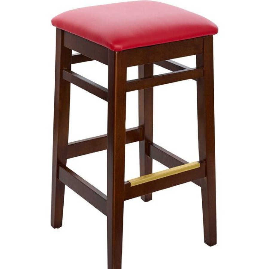 Restaurant Bar Stools * | Coupon Bfm Seating Stockton Dark Walnut Beechwood Square Backless Barstool With 2 Red Vinyl Seat