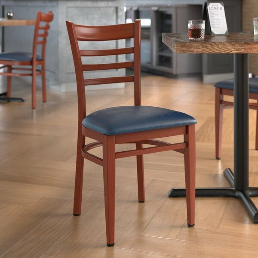 Restaurant Chairs * | Buy Lt&S Spartan Series Lancaster Table & Seating Spartan Series Metal Ladder Back Chair With Mahogany Wood Grain Finish And Navy Vinyl Seat