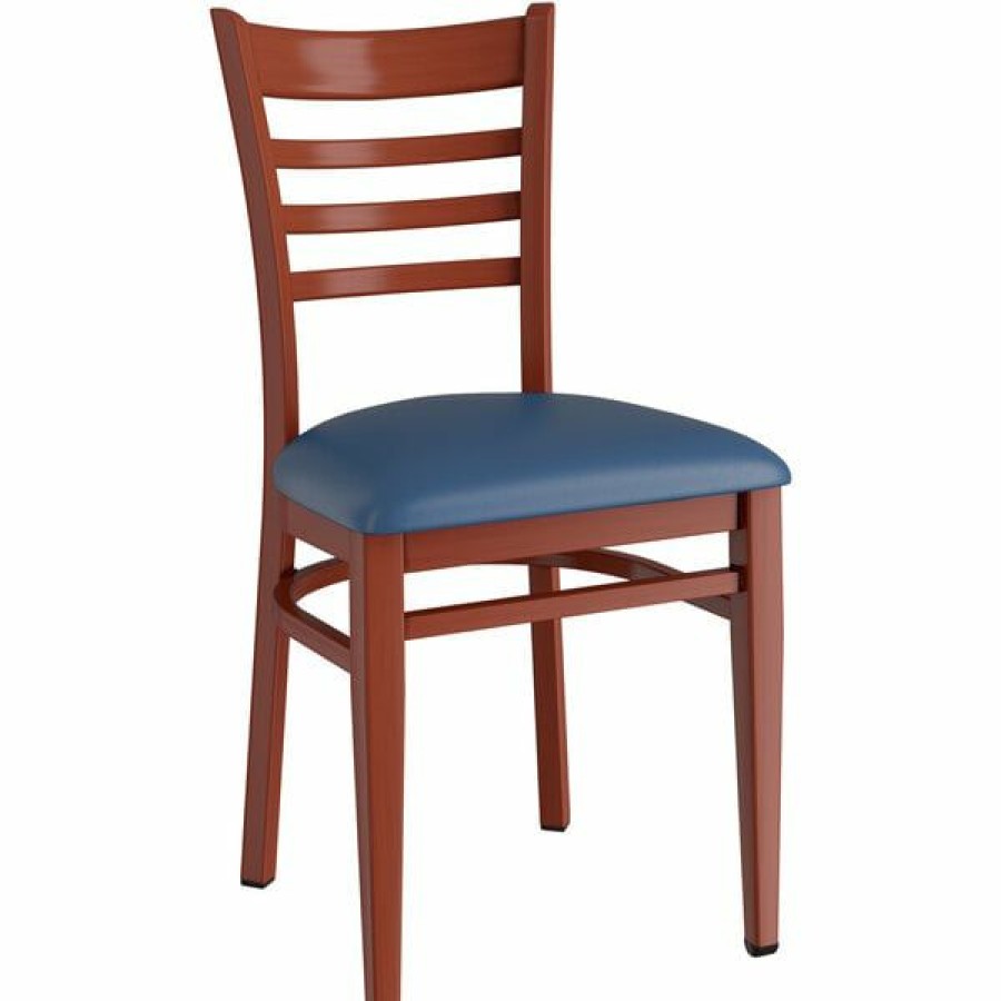 Restaurant Chairs * | Buy Lt&S Spartan Series Lancaster Table & Seating Spartan Series Metal Ladder Back Chair With Mahogany Wood Grain Finish And Navy Vinyl Seat