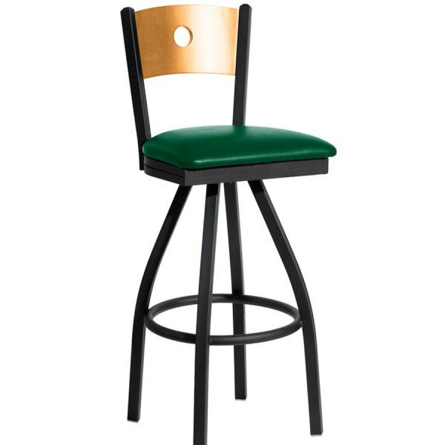 Restaurant Bar Stools * | Cheapest Bfm Seating 2152Sgnv-Ntsb Darby Sand Black Metal Bar Height Chair With Natural Wooden Back And 2 Green Vinyl Swivel Seat