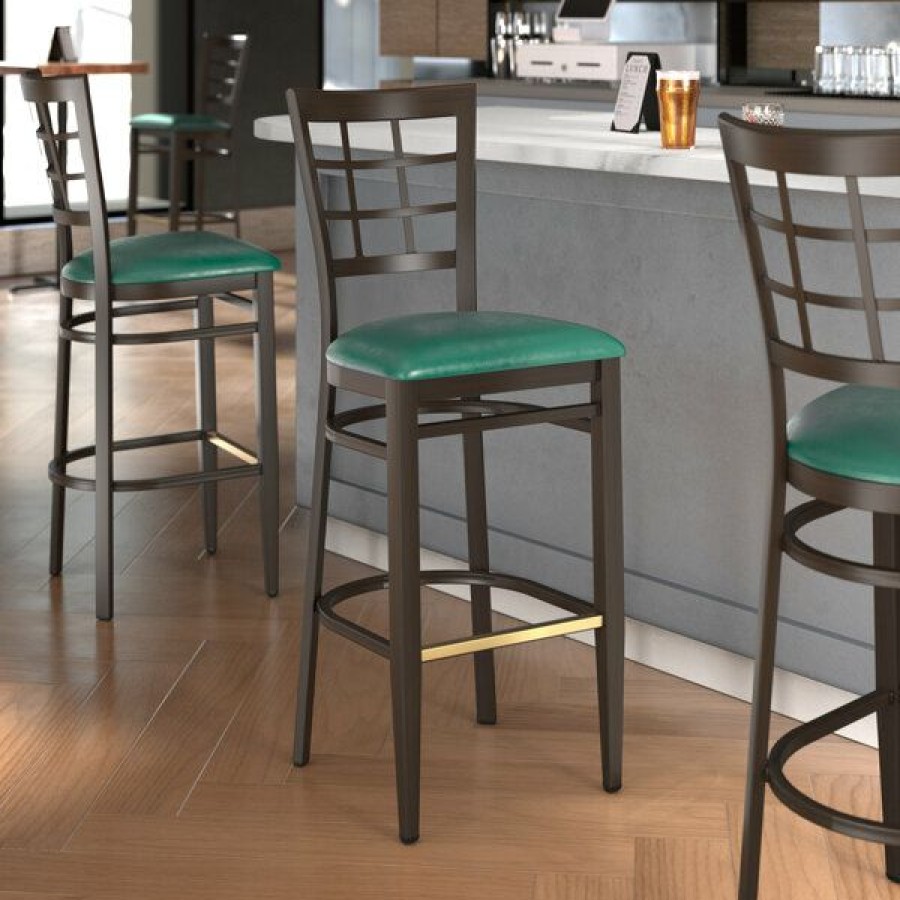 Restaurant Bar Stools * | Flash Sale Lt&S Spartan Series Lancaster Table & Seating Spartan Series Bar Height Metal Window Back Chair With Walnut Wood Grain Finish And Green Vinyl Seat