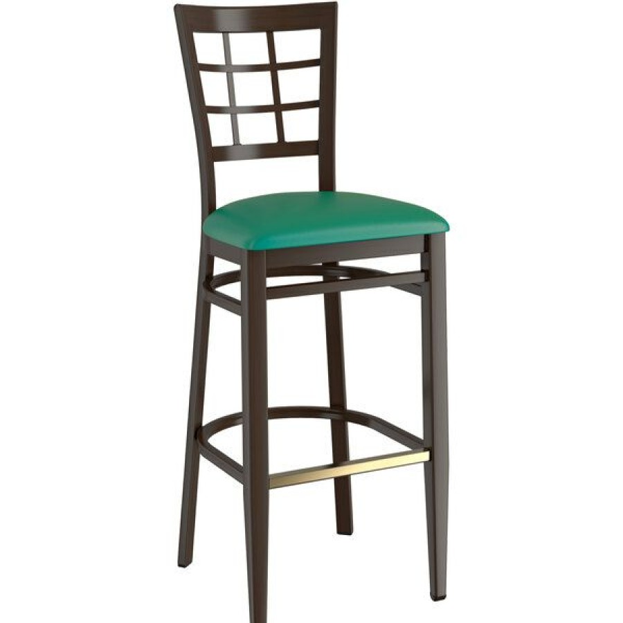 Restaurant Bar Stools * | Flash Sale Lt&S Spartan Series Lancaster Table & Seating Spartan Series Bar Height Metal Window Back Chair With Walnut Wood Grain Finish And Green Vinyl Seat