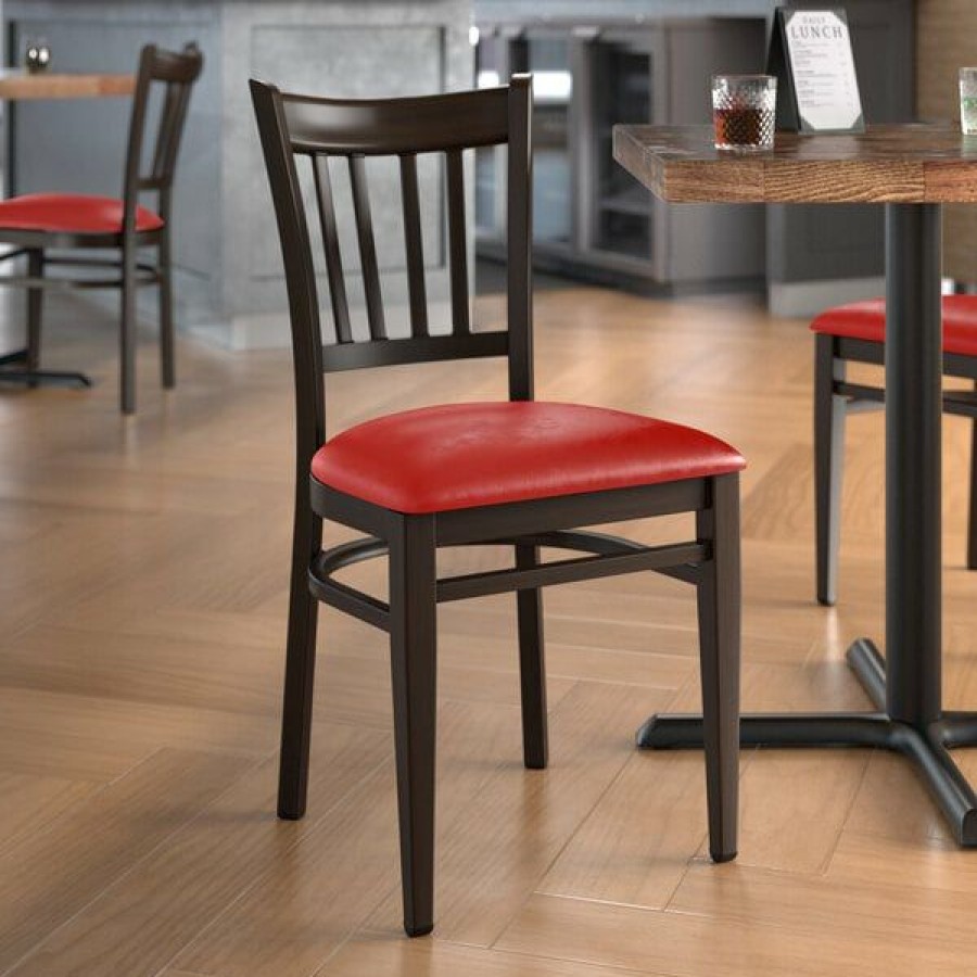 Restaurant Chairs * | Outlet Lt&S Spartan Series Lancaster Table & Seating Spartan Series Metal Slat Back Chair With Walnut Wood Grain Finish And Red Vinyl Seat