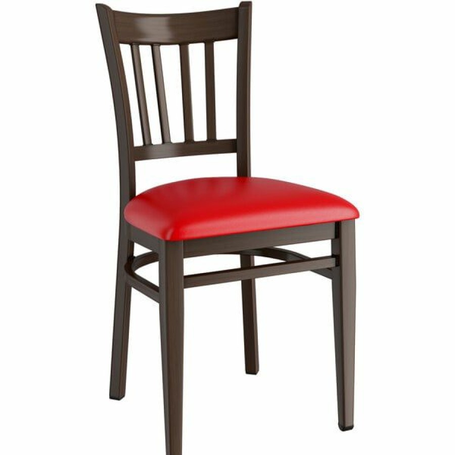 Restaurant Chairs * | Outlet Lt&S Spartan Series Lancaster Table & Seating Spartan Series Metal Slat Back Chair With Walnut Wood Grain Finish And Red Vinyl Seat