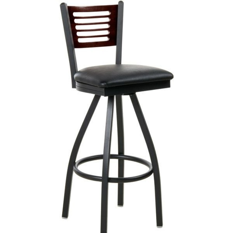 Restaurant Bar Stools * | Deals Bfm Seating 2151Sblv-Wasb Espy Sand Black Metal Bar Height Chair With Walnut Wooden Back And 2 Black Vinyl Swivel Seat