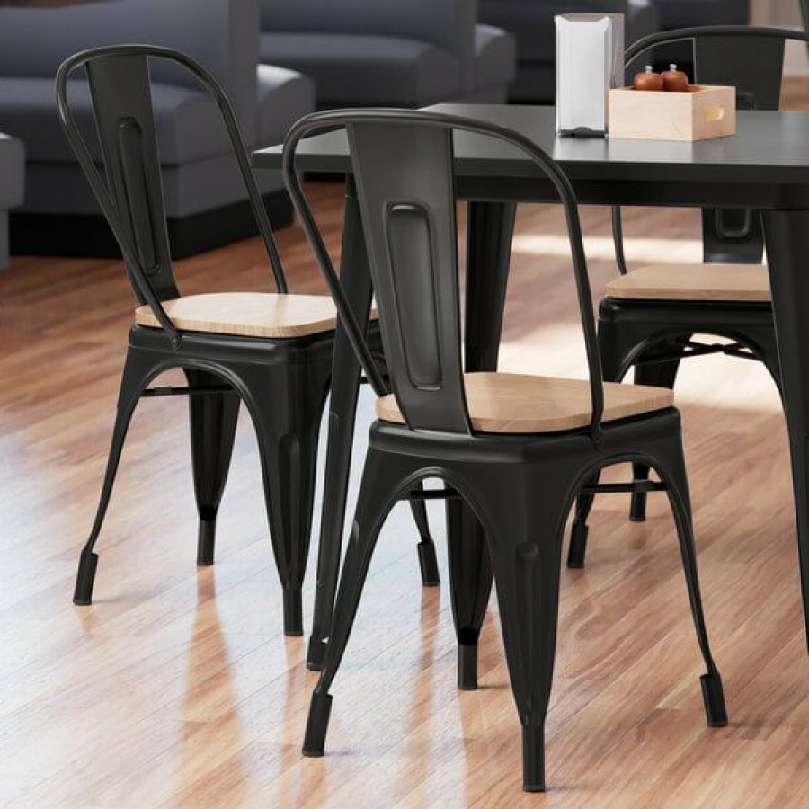 Restaurant Chairs * | New Lt&S Alloy Series Lancaster Table & Seating Alloy Series Black Metal Indoor Industrial Cafe Chair With Vertical Slat Back And Natural Wood Seat