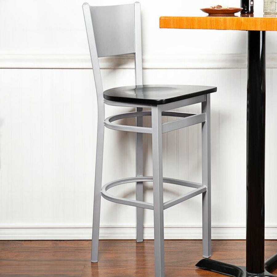 Restaurant Bar Stools * | Top 10 Bfm Seating 2140Bblw-Sm Axel Silver Mist Steel Bar Height Chair With Black Wood Seat