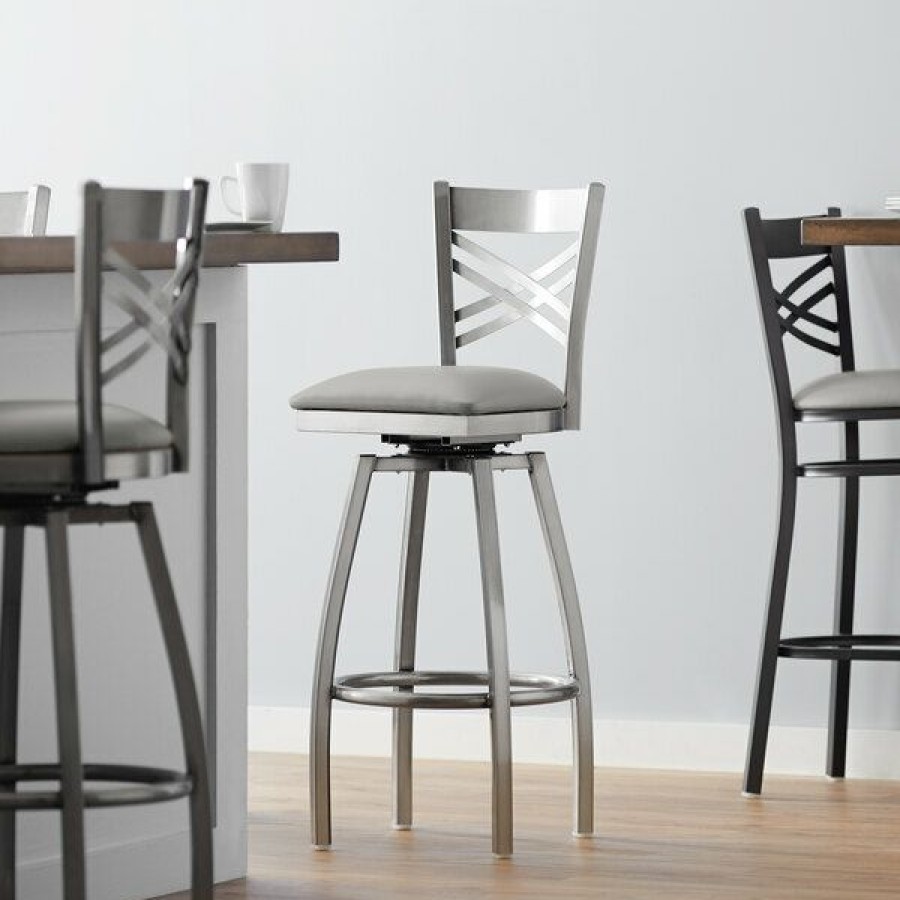 Restaurant Bar Stools * | Best Sale Lancaster Table & Seating Clear Coat Cross Back Swivel Bar Height Chair With Light Gray Padded Seat