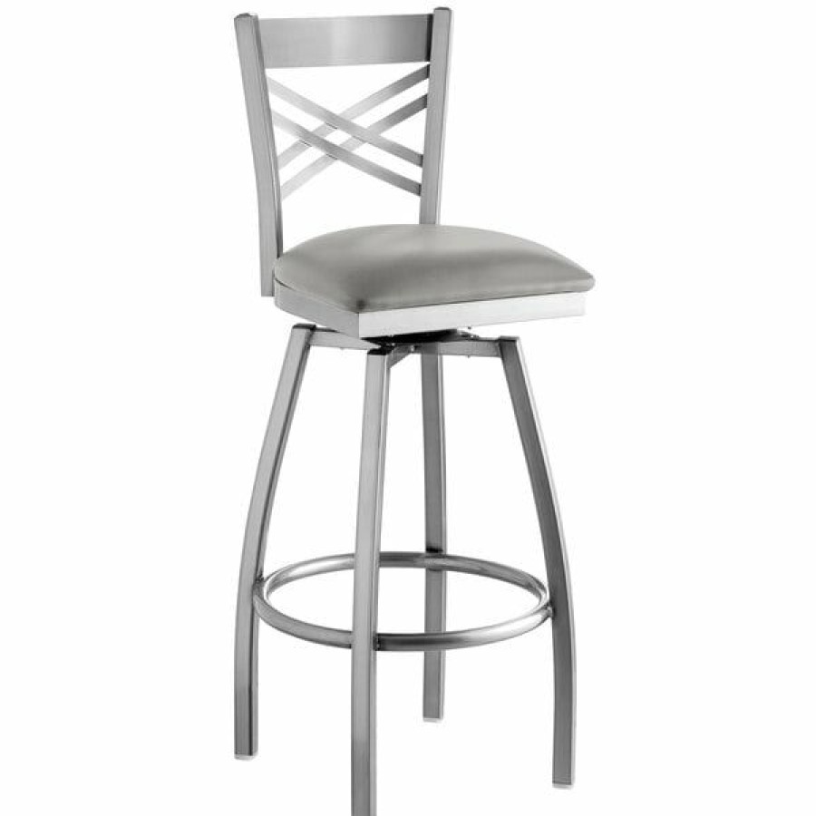 Restaurant Bar Stools * | Best Sale Lancaster Table & Seating Clear Coat Cross Back Swivel Bar Height Chair With Light Gray Padded Seat